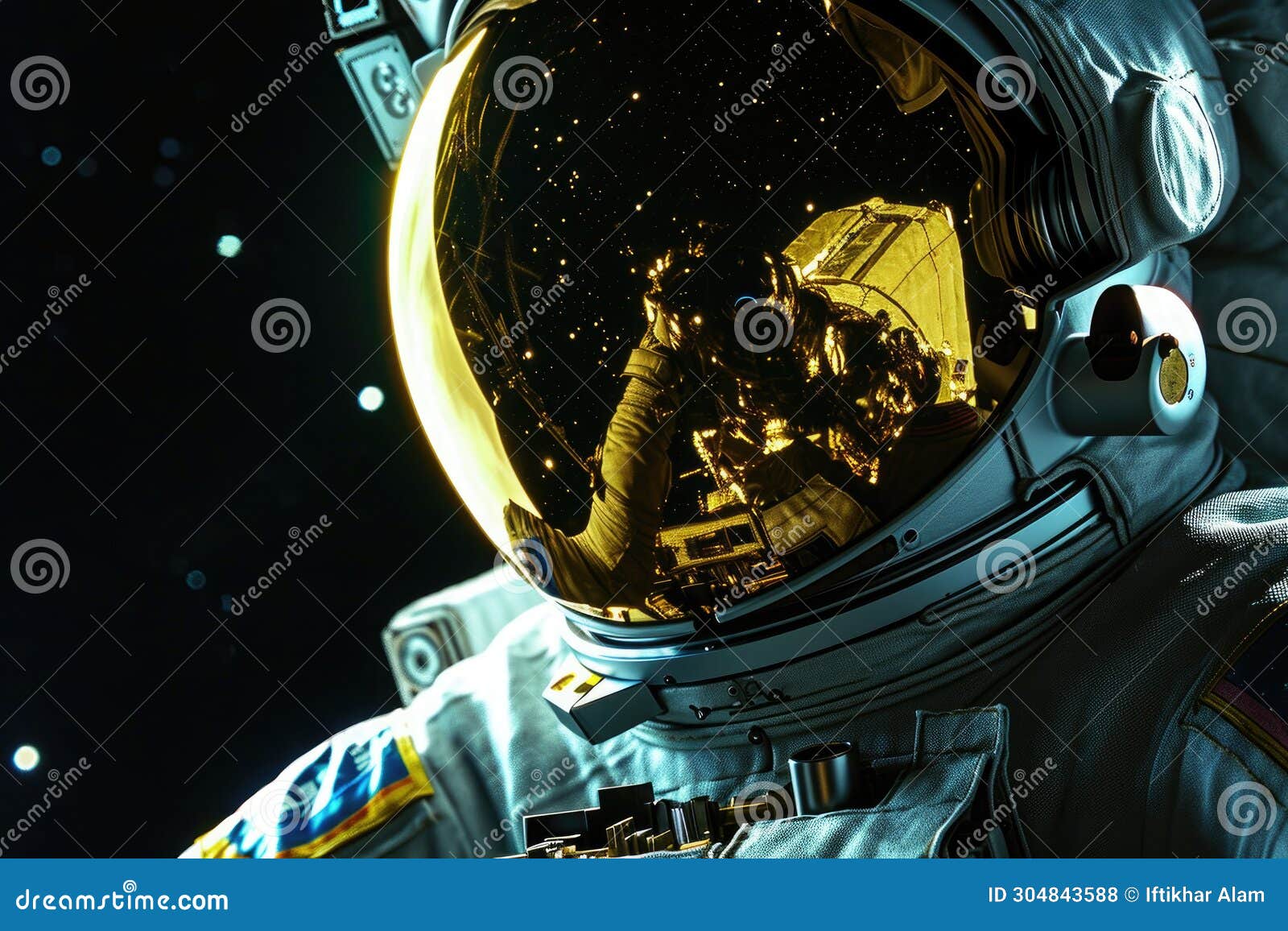 a man wearing a space suit stands proudly in front of a massive space station, a detailed image of a gold-plated visor on an